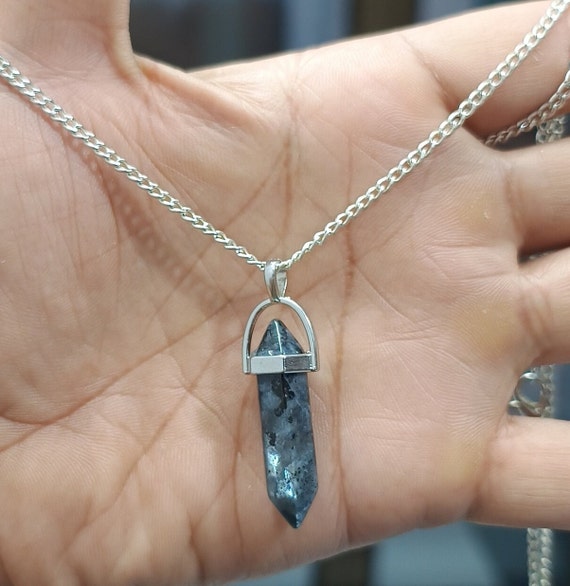 Natural Larvikite Point Pendant, Black Moonstone Necklace, 24