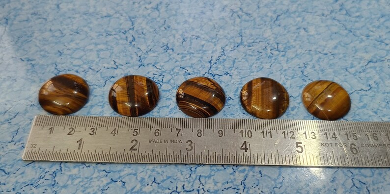 May include: Five round, polished tiger's eye cabochons, each measuring approximately 1 inch in diameter, are lined up on a ruler. The cabochons are a mix of brown, gold, and black colors.