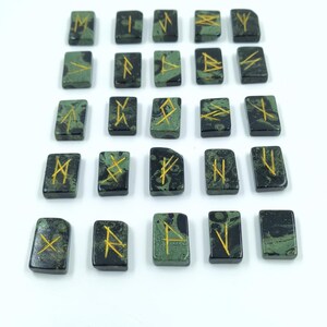 Kambaba Jasper Rune Set – 25 Piece Elder Futhark Engraved Rune Stones, Crystal Divination Kit, Meditation Gift, Spiritual Decor
