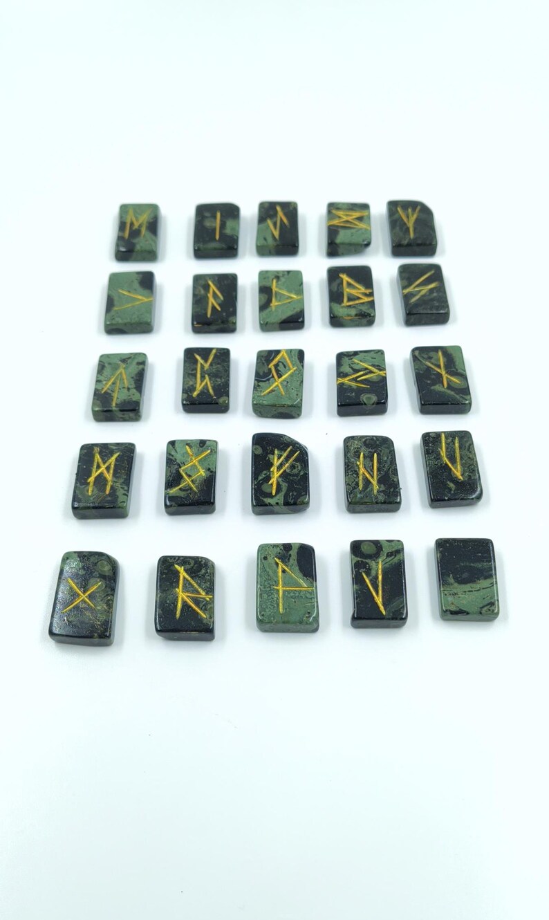 Kambaba Jasper Rune Set – 25 Piece Elder Futhark Engraved Rune Stones, Crystal Divination Kit, Meditation Gift, Spiritual Decor