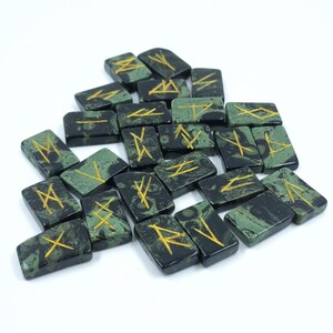 Kambaba Jasper Rune Set – 25 Piece Elder Futhark Engraved Rune Stones, Crystal Divination Kit, Meditation Gift, Spiritual Decor
