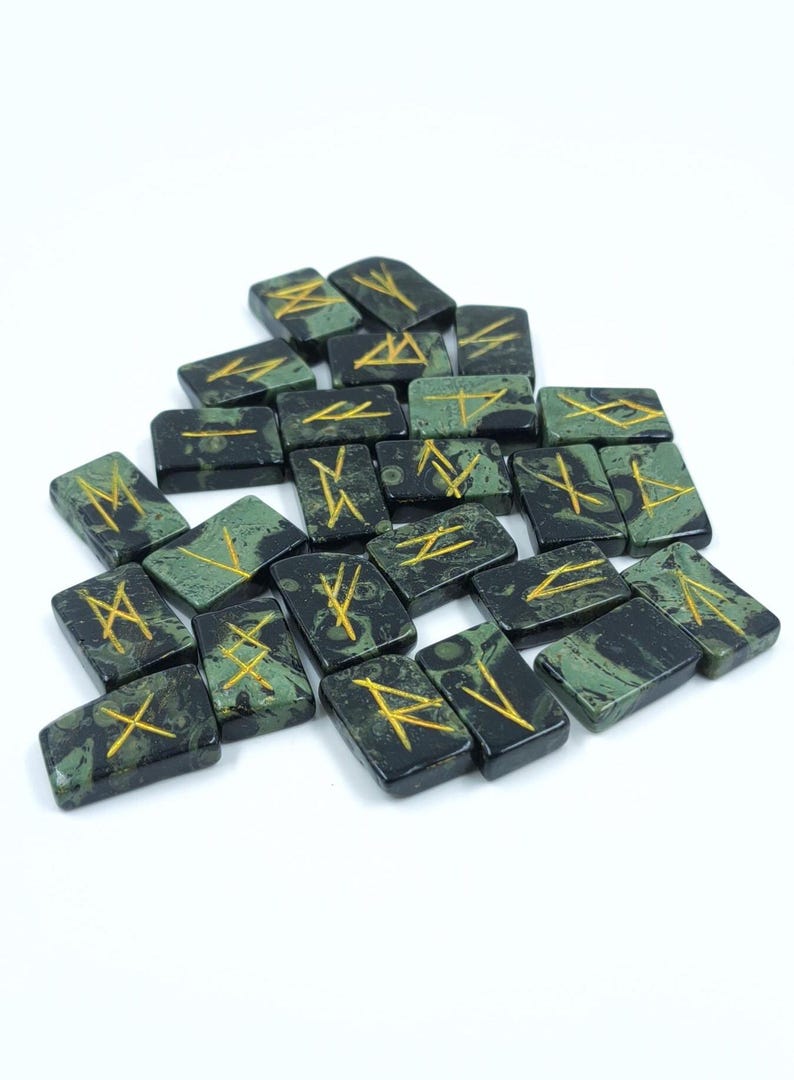 Kambaba Jasper Rune Set – 25 Piece Elder Futhark Engraved Rune Stones, Crystal Divination Kit, Meditation Gift, Spiritual Decor