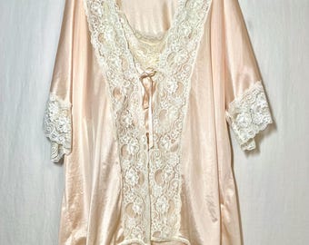 Vintage Lingerie Set Robe, Cami Top, Shorts Pastel Pink Pajama Set