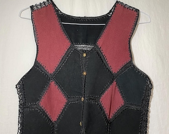 Vintage Patchwork Leather & Suede Vest with Crochet Trim