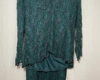 Vintage 1980s Laurence Kazar Emerald Green Beaded and Sequined Embroidered Top and Skirt Set