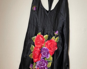 Y2K 1990’s Victoria’s Secret Appliqué Red And Purple Roses Silk Slip Dress Chemise