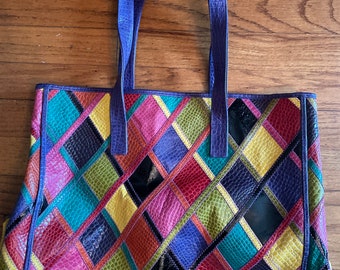 1980’s Unique Andre Cellini Colorful Patchwork Leather Tote.   Made in Italy