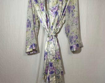 Vintage 1980s Inner Most Matching Purple Floral Robe and Slip Dress Set
