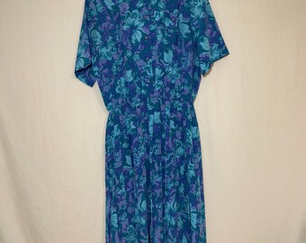 Vintage 1970s Orvis Blue and Purple Floral Print Pleated Dress