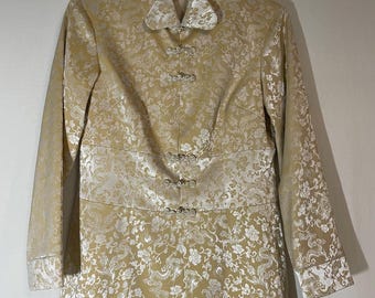 Vintage Gold Chinese Silk Cheongsam Style Blazer Jacket with Dragon and Rose Pattern
