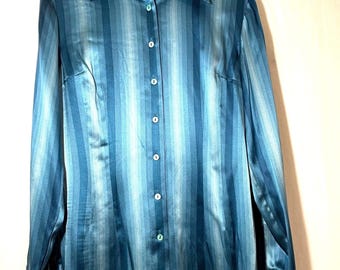 Blusa de seda Pendleton vintage de los años 80 con rayas verde azulado