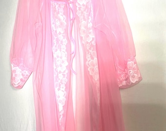 Vintage Glam Girly Pink Sheer and Lace Flowers  Peignoir Robe