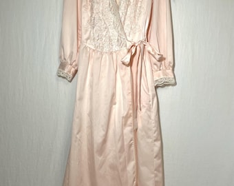 Vintage 1980s Miss Dior Pastel Pink Robe with Floral Embroidery and Lace Trim
