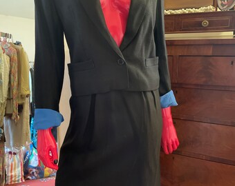 Vintage Louis Feraud Paris Black Suit Trimmed in Blue  Size 36