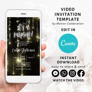 Digital gold Surprise Birthday Dinner Video Invitation, Electronic Dinner Party Invite, gold Glitter Dripping, Editable Invitation, Any Age