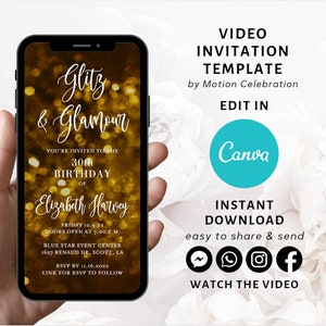 May include: A smartphone mockup displaying a gold glitter background with the text "Glitz & Glamour" and "You're invited to the 30th Birthday of Elizabeth Harvey". The text also includes the date, time, location, and RSVP information for the event.