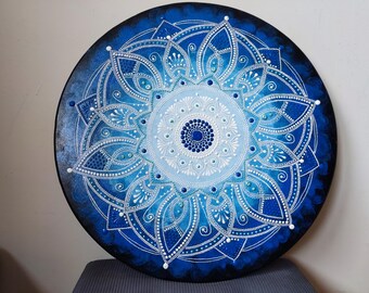 Mandala, dot mandala, wall art, dotart mandala, blue mandala, big mandala, mandala decoration, Mandala Wood Canvas Acrylic Painting