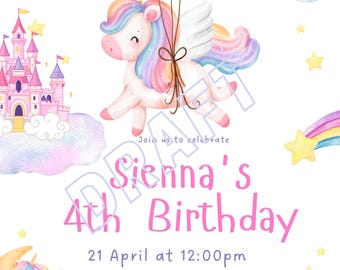 May include: A colorful invitation for a 4th birthday party featuring a unicorn flying with balloons, a rainbow, and a castle. The text reads "Join us to celebrate Sienna's 4th Birthday, 21 April at 12:00pm, 123 Anywhere St, Sydney NSW 2345, RSVP to Rose on PH: 0414 XXX XXX".
