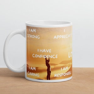Affirmaties voor volwassenen mok Ik ben liefdevolle mok Ik ben vriendelijk goed genoeg inspirerende kunst positiviteit zelfzorg mok Wellness geschenken Counselor cadeau