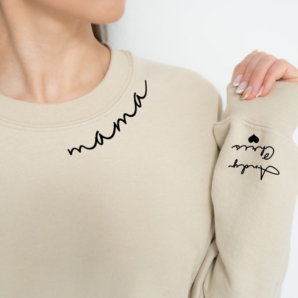 Personalized Mama Sweatshirt With Kid Name On Sleeve, Custom Mama Hoodie, Gift For Mom, Christmas Gift, New Mom Gift, Neckline Sweater