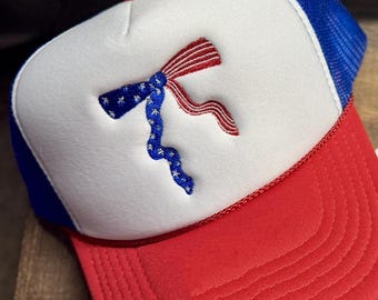 Patriotic Coquette Bow Embroidered Trucker Hat | USA Flag Foam Cap | Girly Fourth of July Hat | Cute Red White Blue Cap Adjustable Snapback