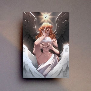 May include: A painting of two angels, one with dark wings and the other with white wings. The angel with dark wings is covering the eyes of the angel with white wings. The background is a bright light.