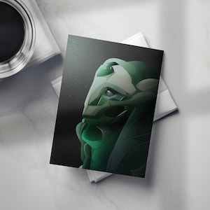May include: A green and gray illustration of a futuristic helmet with a glowing green light emanating from the inside.