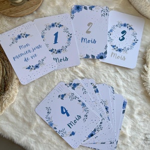 Cartes étapes bébé fleuries bleues - lot de 13