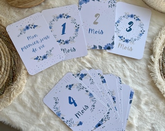 Cartes étapes bébé fleuries bleues - lot de 13