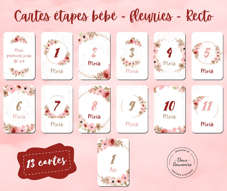 Cartes étapes bébé fleuries - lot de 13 image 5