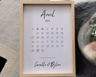Affiche personnalisée couple avec date / calendrier - décoration murale - 21x29,7cm (A4) ou 30x40cm