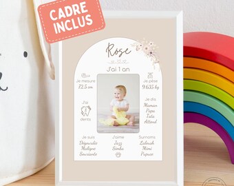 Affiche personnalisée bébé anniversaire - baptême - 1 an - 21x30cm (A4) ou 30x40cm