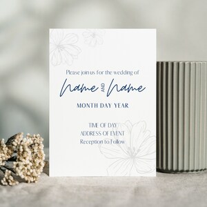 Invitation au design floral bleu marine et gris, enregistrer la date et forfait de carte RSVP (lien du modèle uniquement)