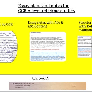 May include: A yellow background with three sections. The left section shows a handwritten essay marked with an A* by an OCR examiner. The middle section shows a handwritten essay note with A01 and A02 content. The right section shows a structured essay plan with both content and evaluation. The bottom section shows a brown rectangle with the text "Achieved A" and "OCR Level 3 Advanced GCE Religious Studies 601/5855/5".
