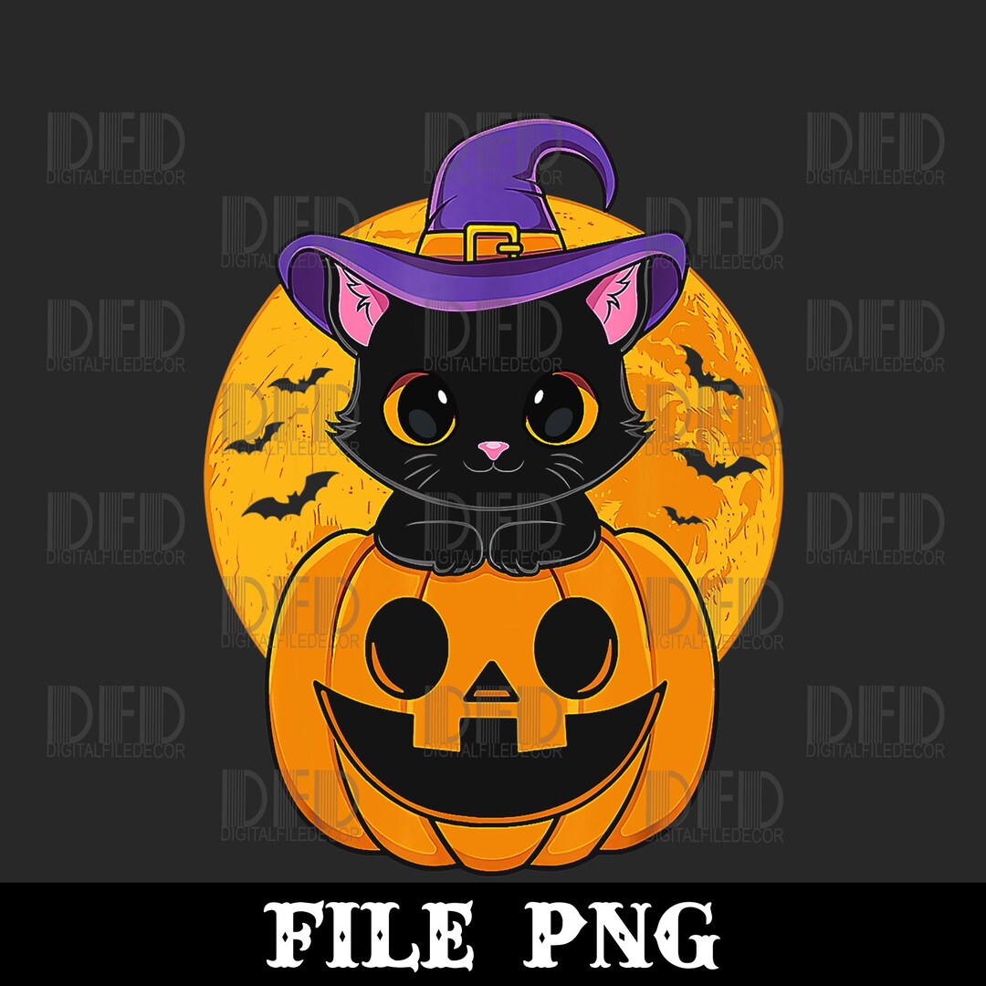 Cute Black Cat Halloween Png Black Cat Witch Hat Pumpkin for Kids Girls ...