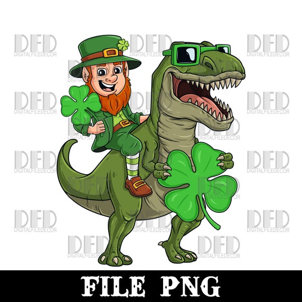 St Patricks Day Leprechaun Riding T Rex Funny Dino Boys Kids Png Digital Download
