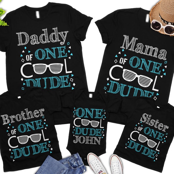 ONE Cool Dude Birthday Family Shirts - 1st birthday boy, blue sunglasses, boy birthday theme, first birthday boy, black colored shirts