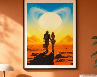 May include: A framed art print depicts two figures walking on a reddish-orange planet surface towards a large, bright sun. The sky transitions from blue to yellow. The print is displayed above a mid-century modern wooden cabinet with a lamp and books.