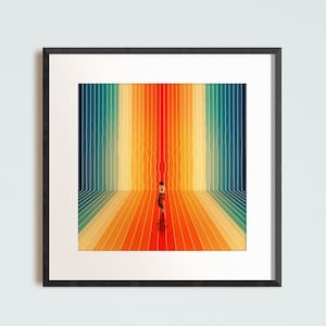 Aquí vengo (cuadrado) / Arte de los años 70 / Op-Art / Ilusión óptica / Póster de collage vintage / Colores del arco iris / Póster premium / Decoración de pared surrealista