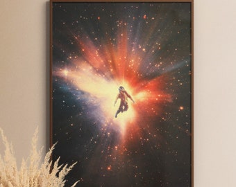 Retro science fiction astronauta wydruk artystyczny: zabytkowy kosmiczny kolaż