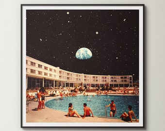 Lunar Pool | Cosmic Art | Retro Futuristic Art | Vintage Collage | Cosmic Sci-Fi | Space Adventure | Retro Art |  Wall Art