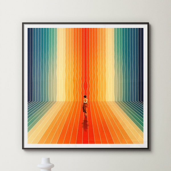 Here I Come | 70s Artwork | OpArt Collage | Optical Illusion | Vintage Collage Poster | Rainbow Colors | Premium Poster | Wall Art Decor