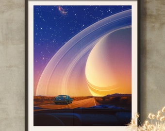 Cosmic Road Trip Art Print: Retro Sci-Fi Space Collage