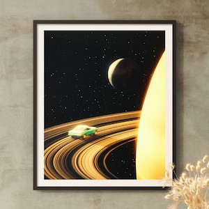 Viaggio su Saturno / Arte spaziale / Arte retrò / Collage futuristico / Design cosmico / Arte murale psichedelica / Avventura spaziale / Design collage vintage