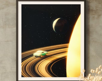Saturn Road Trip Art Print: Retro Space Collage