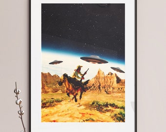 Retro Futuristic Art Print: UFO Cowboy, Space Collage