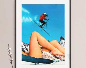 Vintage Skiing Collage Art Print: Humorous Winter Sports Poster