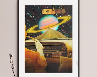 Saturn Commute Art Print: Retro Futurism Space Travel Poster