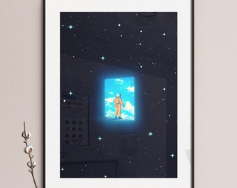 Powrót do domu | Plakat z astronautą w stylu retro futurystycznym: kolaż w stylu vintage science fiction