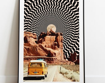 A Real Road Trip | Opart Design | Optical Illusion Poster | Vintage Collage | Trippy Art | Adventure Poster | Psychedelic Trip | Wall Art